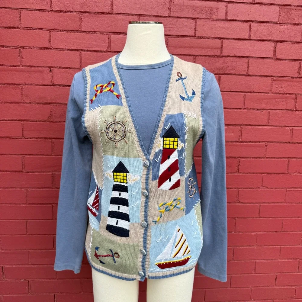 Nautical‎ Knit Cardigan Vest Womens Medium Sleeveless Coastal Grandma Sailing